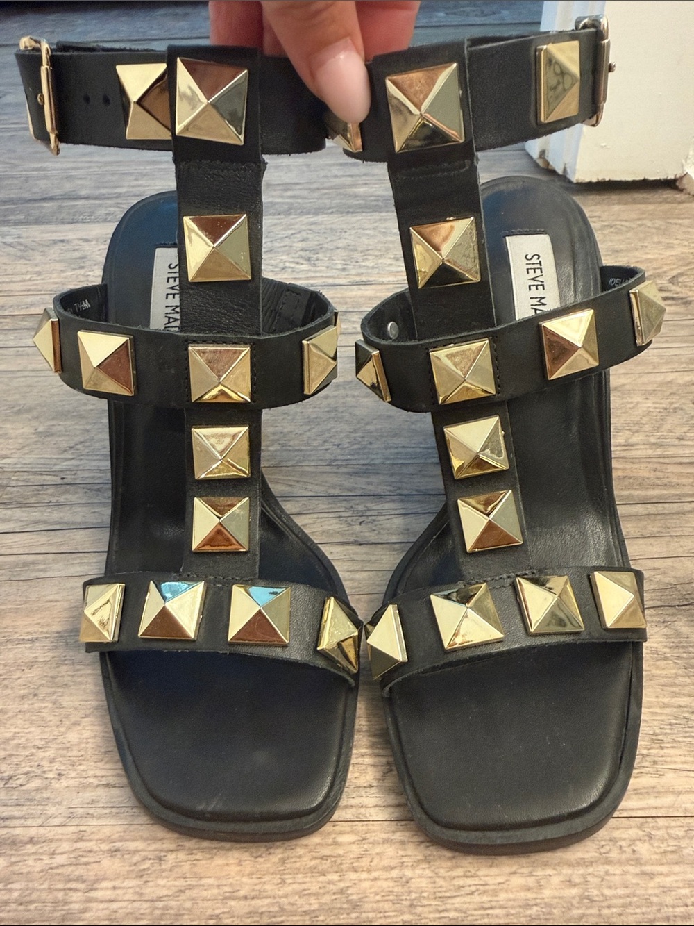 Steve Madden Black Sandals with Gold Pyramid Studs